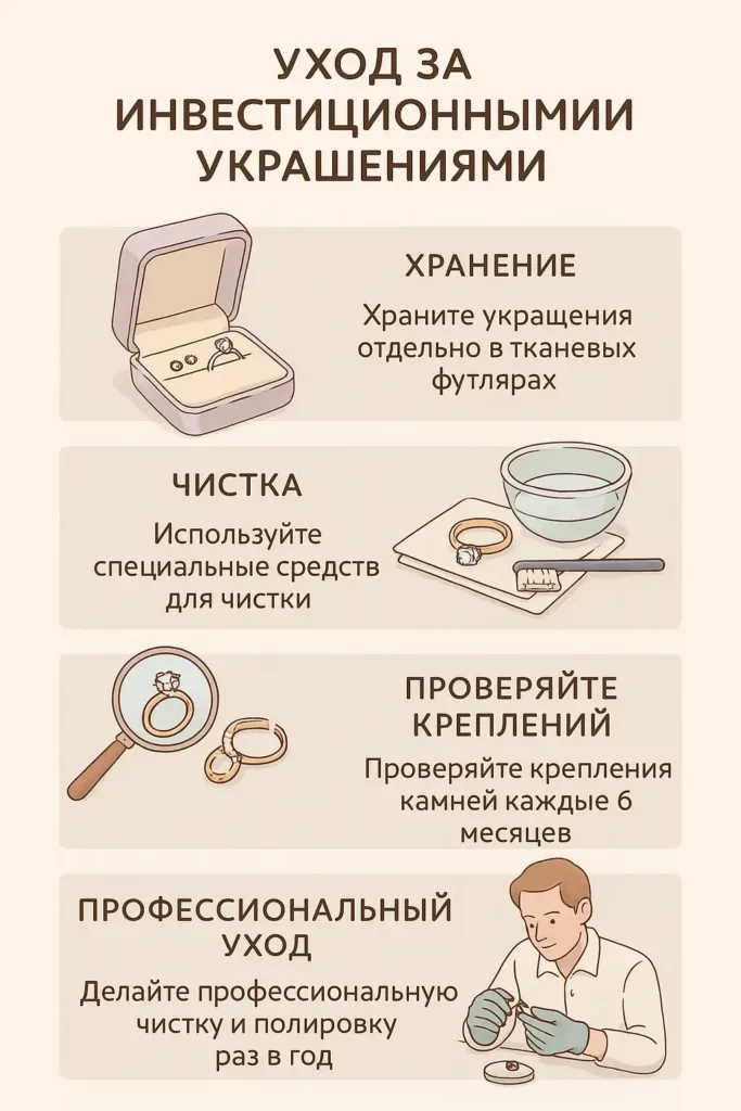 инфографика на русском языке: уход за инвестиционными украшениями — хранение отдельно, чистка специальными средствами, проверка креплений, профессиональная полировка раз в год