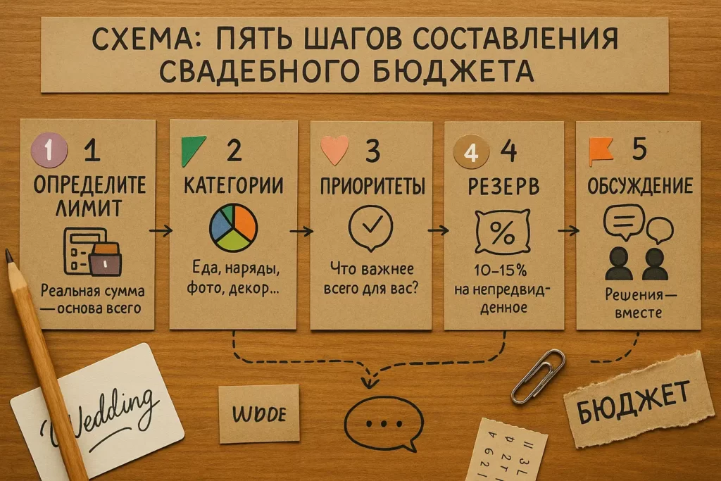 инфографика с пятью шагами составления свадебного бюджета на крафтовых карточках: лимит, категории, приоритеты, резерв, обсуждение