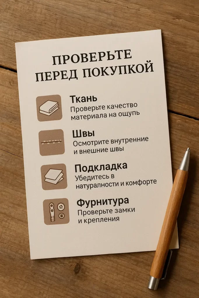 чек-лист на фактурной бумаге с пунктами проверки свадебного платья: ткань, швы, подкладка, фурнитура, с деревянной ручкой на деревянной поверхности