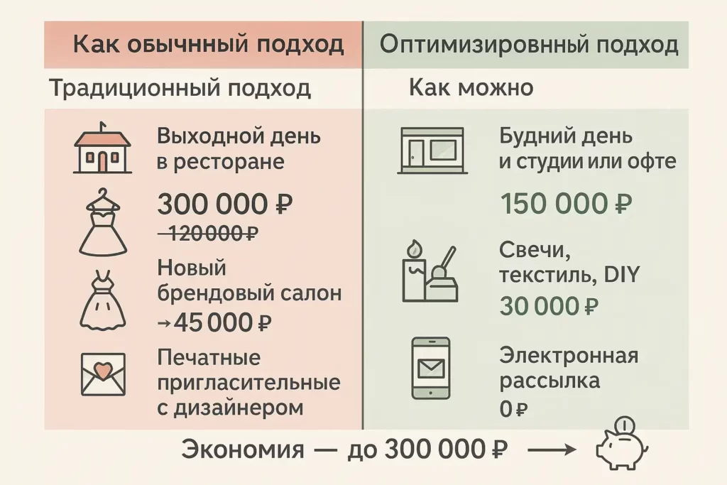 инфографика сравнивает традиционные свадебные траты с оптимизированными: ресторан vs. студия, дизайнерское платье vs. аренда, печать vs. электронная рассылка, итоговая экономия до 300 000 ₽