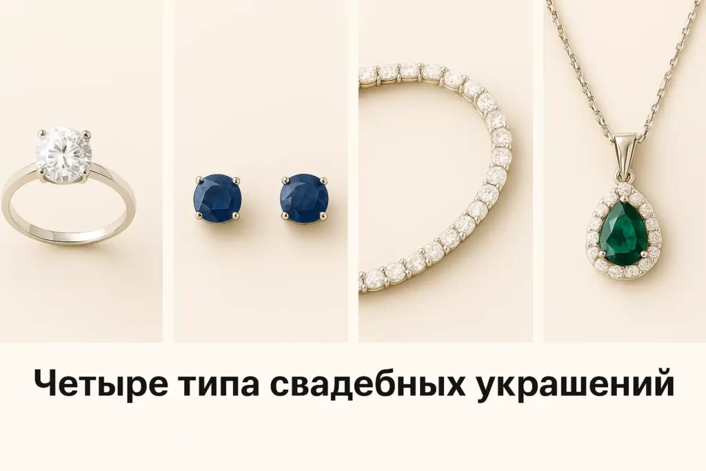 четыре типа свадебных украшений на светлом фоне: кольцо с бриллиантом, сапфировые серьги-гвоздики, теннисный браслет с бриллиантами, подвеска с изумрудом